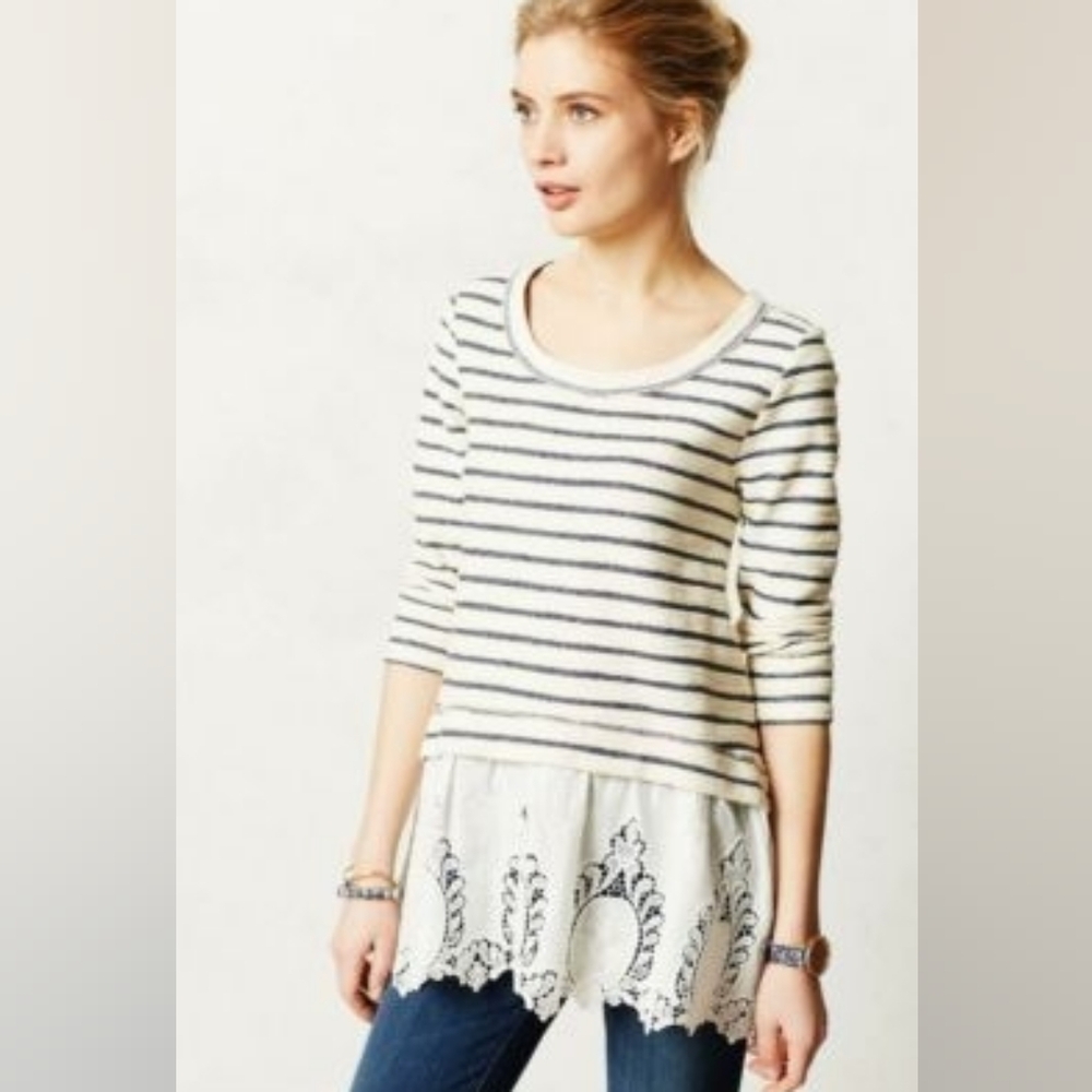 { Anthropologie } East Falls Lace Knit Top Striped Sunday In Brooklyn